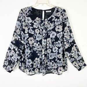 Luna Project Black & White Floral Long Sleeve Pintucked Blouse Size M